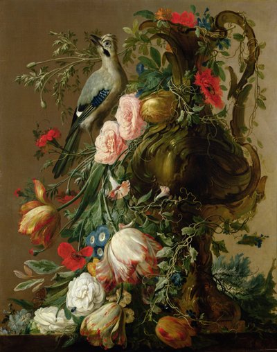 Ein gemeißelter Steinvase mit Rosen, Aurikel, Mohnblumen, Winde, mit einem Eichelhäher auf einem Sims, 1760 von Jacobes Vonck